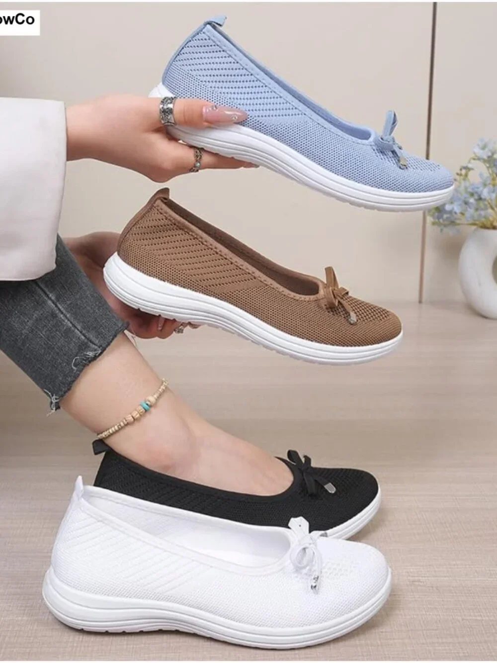Women's Breathable Mesh Slip On Loafers Bow Ballet Flats Comfortable Round Toe